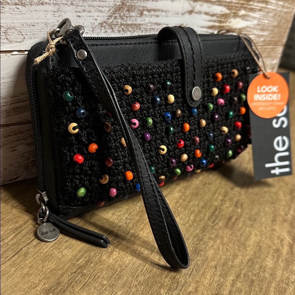 The Sak NWT black multi color beaded crochet phone wristlet crossbody bag - Picture 3 of 7